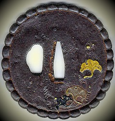 Tsuba with Ginkgo leaves  and dew drops (photo Jim Gilbert)